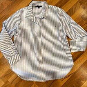 Tommy Hilfiger Blue and White Striped Button Down Shirt XL WOMENS